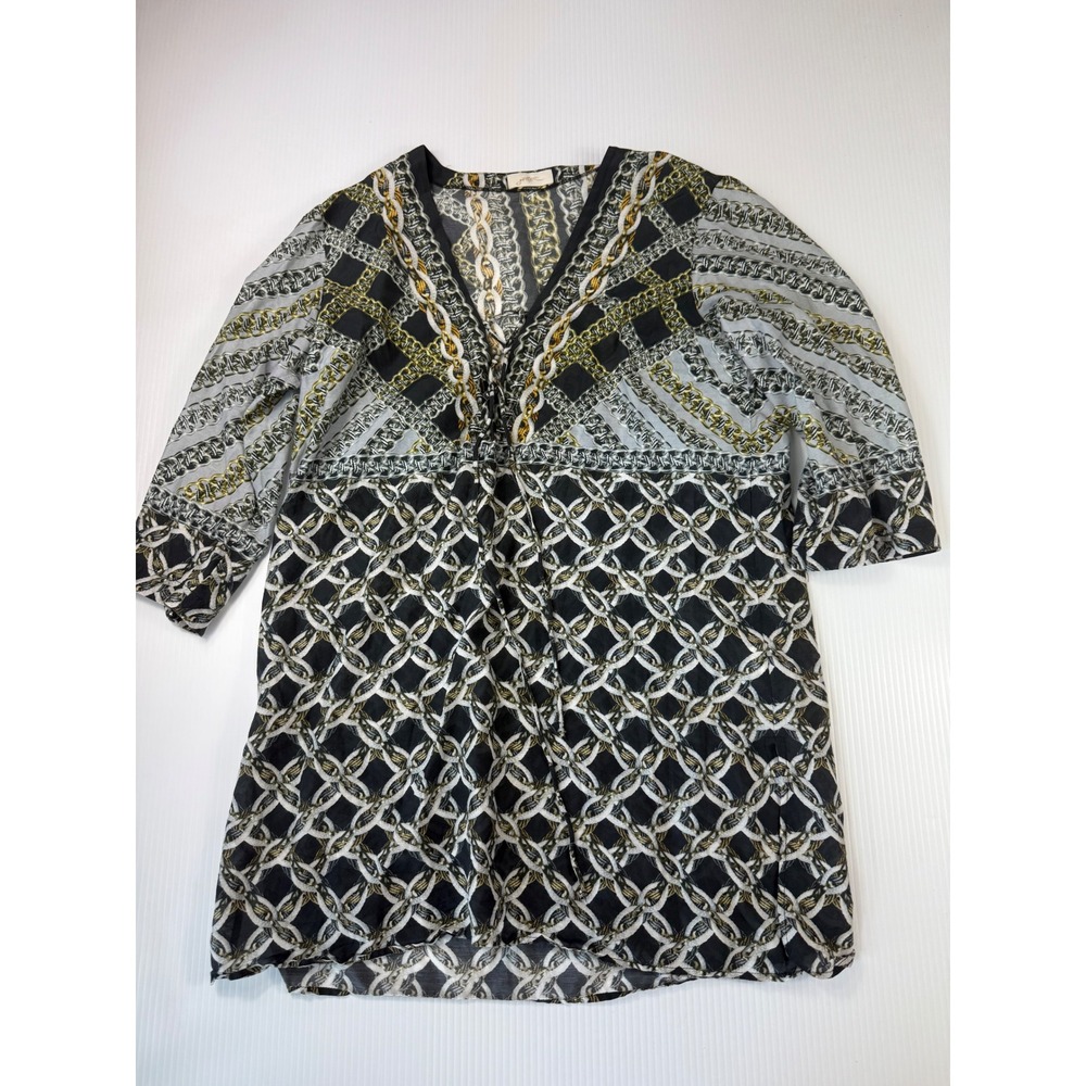 Gotta Chain Print Tunic Top Blouse V Neck 3/4 Sleeve Black White Gray